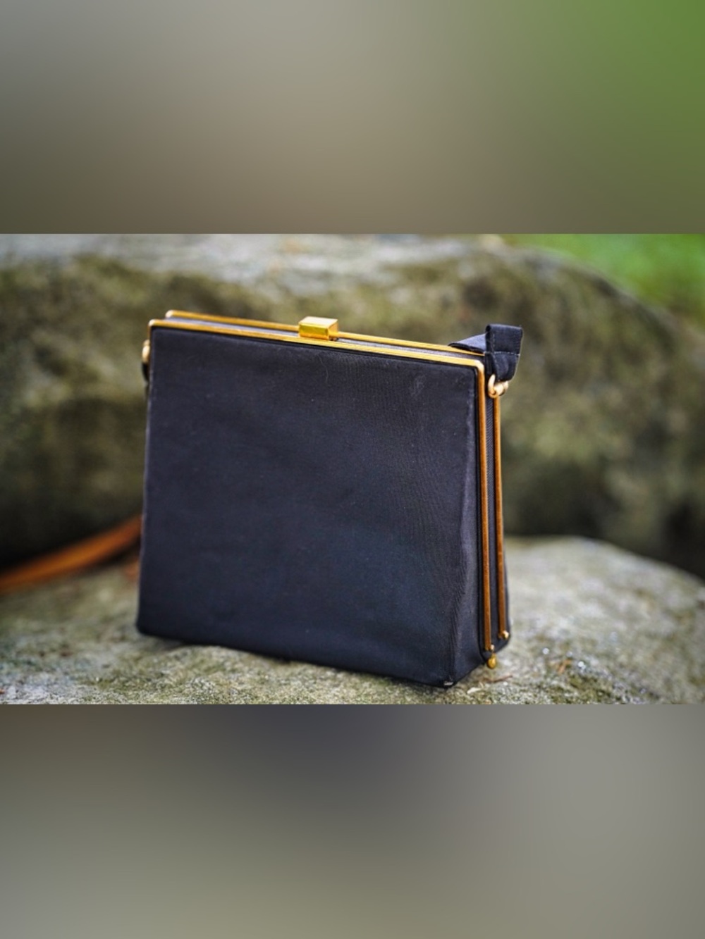 Vintage 1950s Black Satin Evening Bag - Gold Structured Frame Clutch
